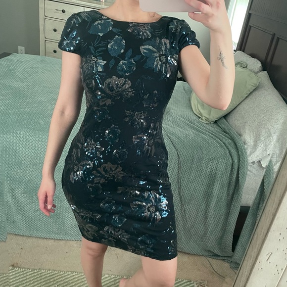 Calvin Klein Blue Floral Sequin Dress With Cowl Back Detail - Picture 14 of 14